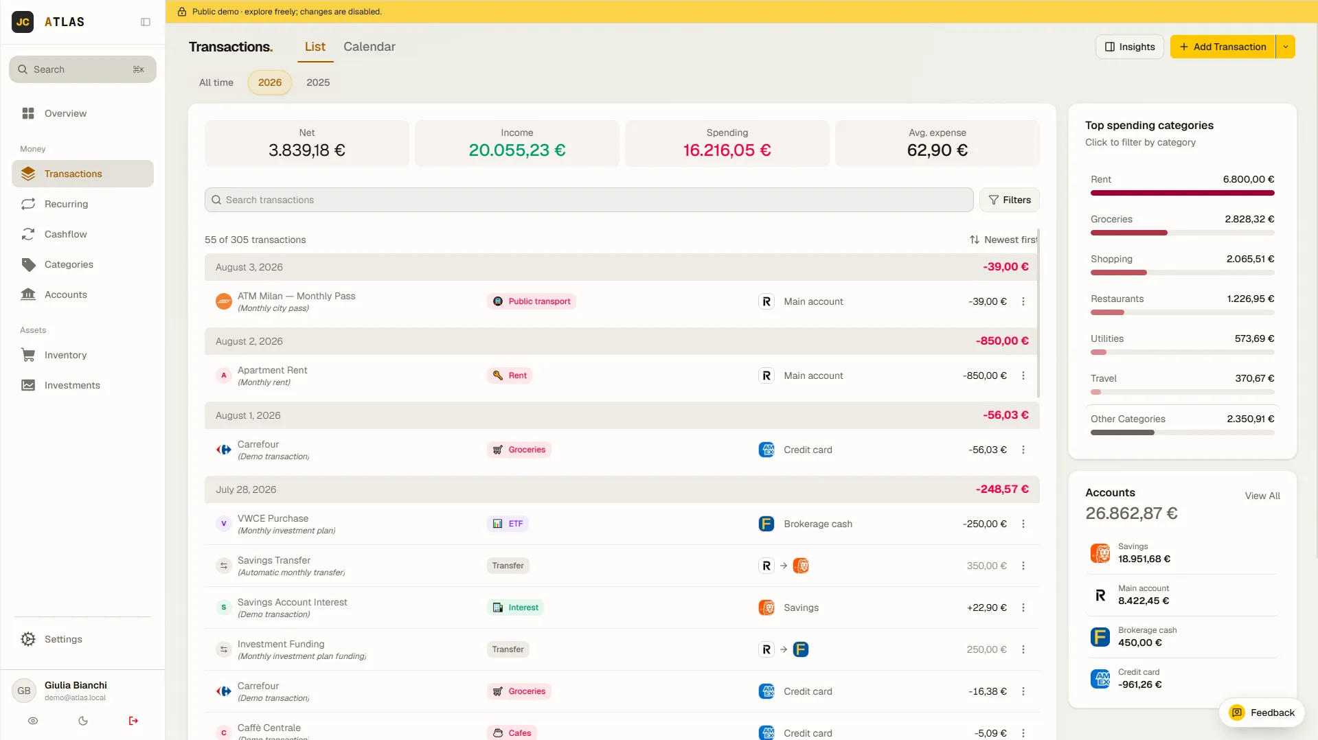Atlas finance dashboard