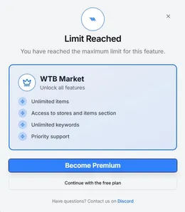 WTB Market freemium quota dialog