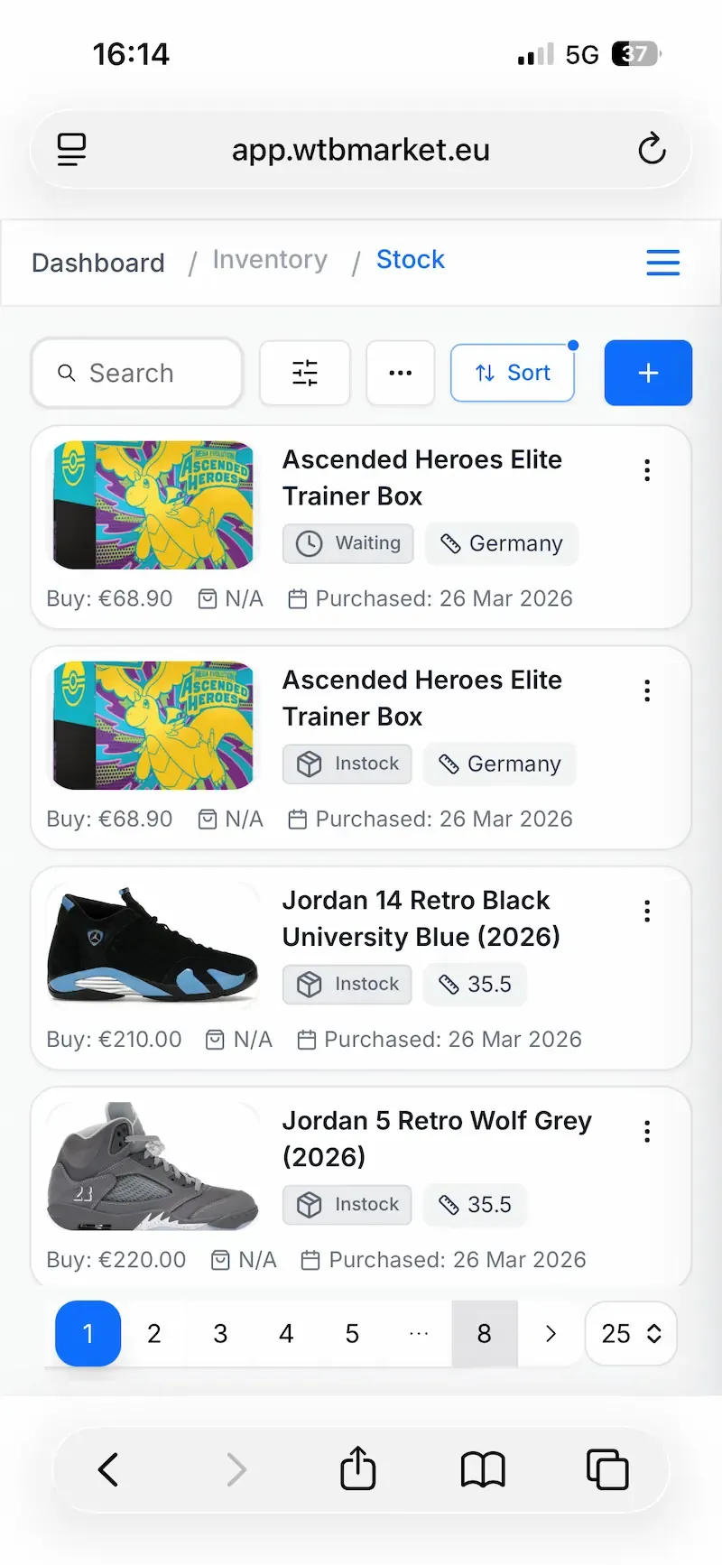 WTB Market inventory, mobile view