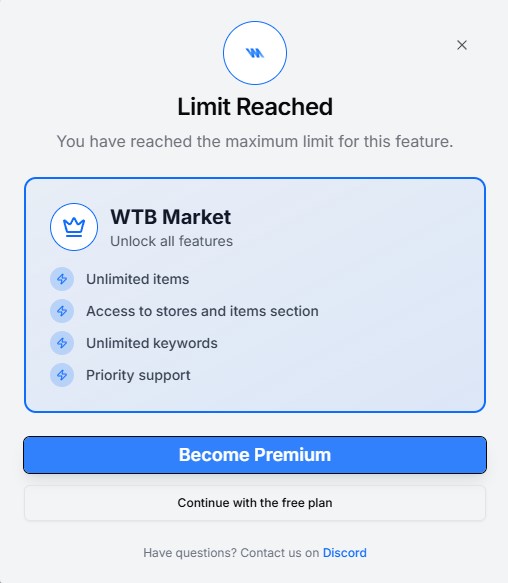 WTB Market freemium quota dialog